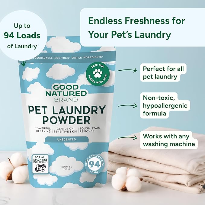 Good Natured Brand | Pet Stain & Odor Remover for Laundry | Pet Laundry Detergent for Dogs Beds, Cat Pee, Smell, Dog Drool | Hypoallergenic & Non-Toxic | Unscented | 47oz 94 Loads