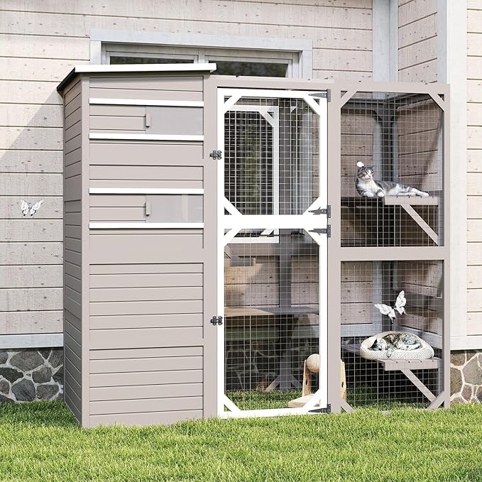 154" L Extra Large Catio Outdoor Cat Enclosure, Weatherproof Walk-in Catio Cat Patio Attached Window for Multiple Cats, Semi-Enclosed Kitty Enclosure Outside with 6 Platforms