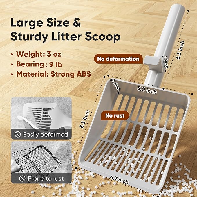 KooMooM Large Cat Litter Scoop, Heavy-Duty Litter Scoop with Dual Sifting Holes for Fast & Fine Clumping, Kitty Litter Scooper with Long Handle & Easy-to-Hang Hook for Litter Box