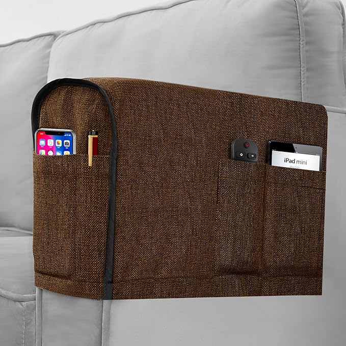 Joywell Recliner Armrest Covers for Living Room Anti-Slip Sofa Arm Protector for Dogs, Cats, Pets Armchair Slipcover for Couch with 4 Pockets for TV Remote Control, Phone, Set of 2, Brown