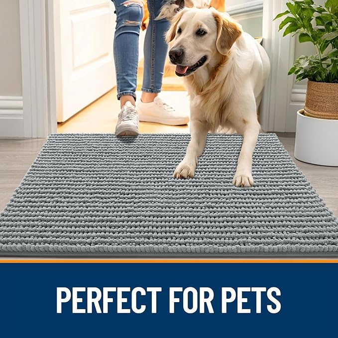 OLANLY Dog Door Mat for Muddy Paws 48x30, Ultra Absorbent Chenille Mud Doormat, Non-Slip Washable and Dirt Trapping Doormat for Indoor Entryway, Quick-Dry Indoor Pet Bed Mats for Dogs, Grey