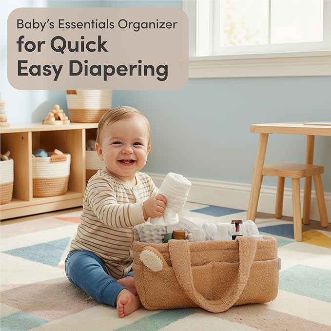 PUTSKA Baby Diaper Caddy Organizer for Changing Table – Stylish Nursery Storage Basket, Newborn Essentials, Baby Shower Gifts and Registry Must-Haves for Boy or Girl, Car Diaper Caddy, Fleece Mocha