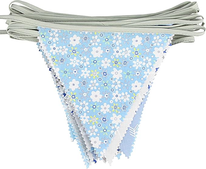 G2PLUS 39Ft Triangle Bunting Banner, 42pcs Cotton Pennant Banner, Grey Blue Reusable Floral Triangle Flags Party Decoration for Birthday, Wedding, Baby Shower, Room Decor