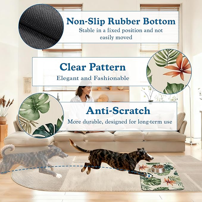 Boho Tropical Palm Pet Feeding Mat–Christmas Stocking Quick Dry Absorbent Dog Cat Food Mat, Non Slip Waterproof Bowl Placemat for Messy Eaters, Pet Accessories for Floors 12"x20"