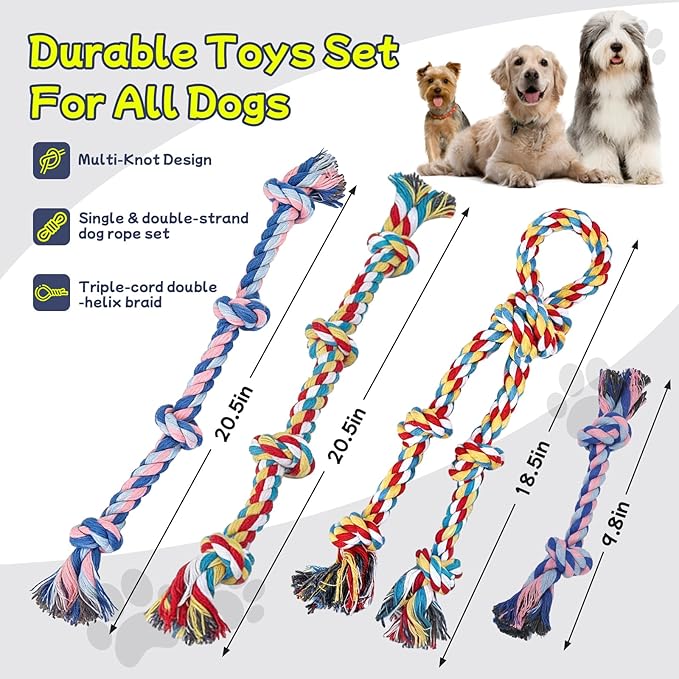 Rocfish [4 Pack Dog Rope Toys for Aggressive Chewers, Nearly Indestructible Tug of War Toys for All Dog Sizes, 100% Cotton Teeth Cleaning Chew Rope, Heavy Duty Tug Toy to Relieve Dog Boredom