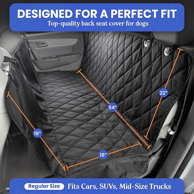 4Knines Dog Backseat Cover with Hammock for Cars, SUVs, and Trucks – Waterproof Layers, Nonslip Seat Protector, Durable Nylon Clips, K9 Shield with Heavy Duty Thread, (Extra Large, Black)