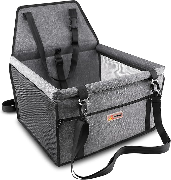 Petbobi Pet Reinforce Car Booster Seat for Dog Portable and Breathable car Booster seat with Seat Belt Dog Carrier Safety car seat for Travel, with Clip on Leash with PVC Tube (Cationic Fabric Grey)
