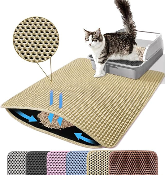 Small Cat Litter Mat, 20x14 Inches Double Layer Honeycomb Cat Litter Trapping Mat, Non Slip Waterproof Urine Proof Litter Box Mat for Floor, Kitty Litter Rug, Pet Supplies, Beige