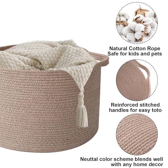 65L Extra Large Woven Cotton Rope Blanket Basket with Handles, Laundry Hamper Storage Bin for Pillows, Comforters,Clothes, Toys, Nursery, Bedroom and Living Room Organization,Brown