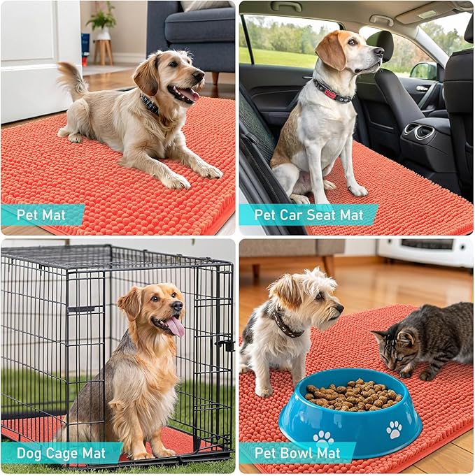 OLANLY Dog Door Mat for Muddy Paws 70x35, Absorbs Moisture and Dirt, Absorbent Non-Slip Washable Doormat, Quick Dry Chenille Mud Mat for Dogs, Entry Indoor Entryway Carpet for Inside Floor, Coral