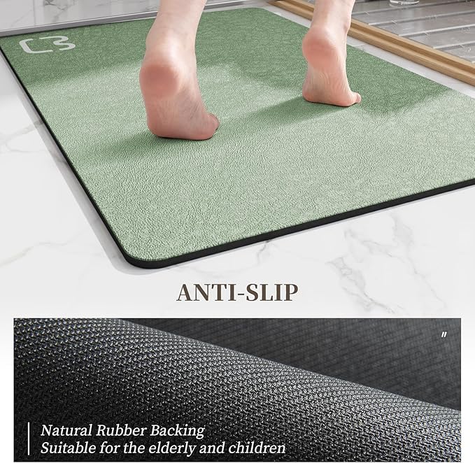 Diatomaceous Earth Bath Mat Rugs Quick Dry Super Absorbent Non Slip Rubber BottomThin Bathroom Mat Fit Under Door, Floor Rugs in Front of Bathtub,Shower Room,Sink,Washable, 17" x 32", Sage Green