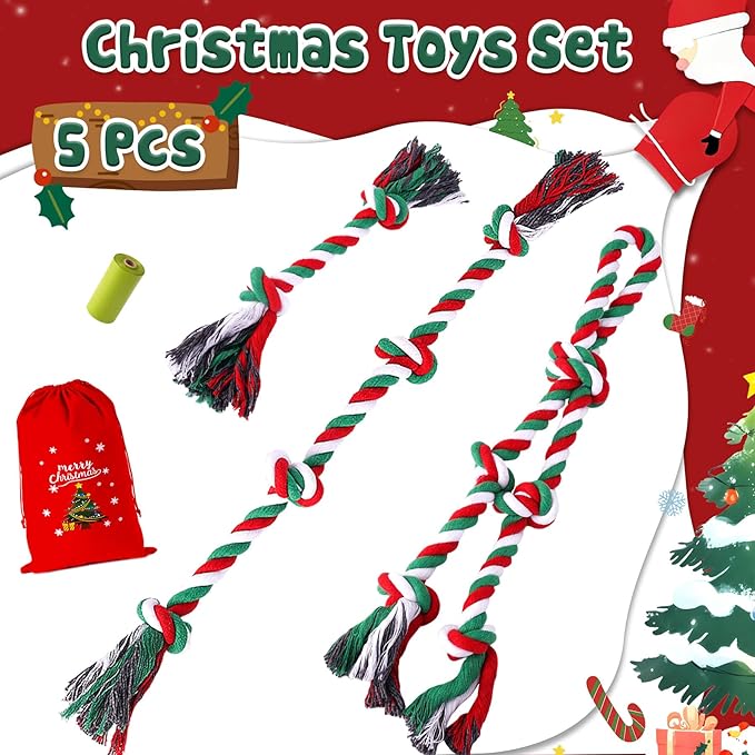 Christmas Heavy Duty Dog Toy for Aggressive Chewers – Tough Chew Toys for Large Dogs, Ideal for Tug-of-War & Teeth Cleaning, with 3 Rope Toys & 2 Dog Supplies