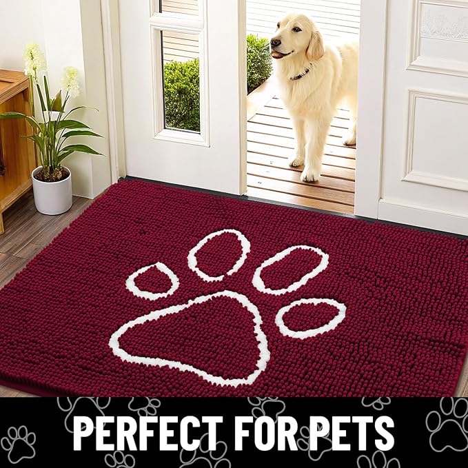 Smiry Dog Door Mat for Muddy Paws, Absorbent Dirt Trapper Non Slip Quick Dry Washable Chenille Mat for Mud Dogs, Entry Rug for Indoor and Outdoor (47x24 Inches, Burgundy and White)