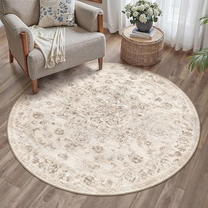 3x3 Washable Neutral Round Rug Beige Vintage Entryway Kitchen Cirlce Rug Non-Slip Soft Low Pile Farmhouse Indoor Carpet for Entrance Bathroom Dining Room