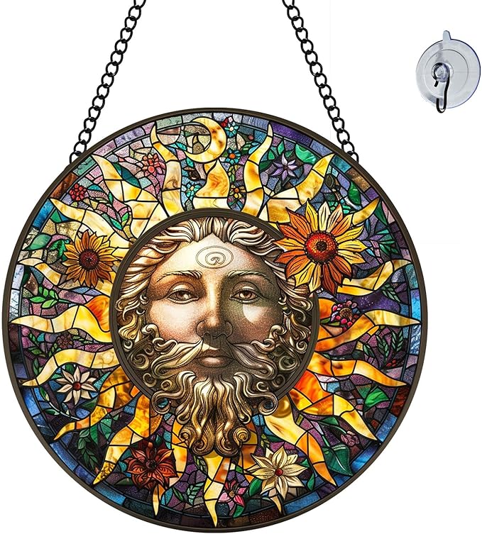 Moon Suncatcher 8 Inch Stained Glass Window Hanging Diamond Chain Hooks – Indoor/Outdoor Window Wall Art Home Décor -Gift for Women Men Valentine's Day Thanksgiving Ornaments Festival Gifts