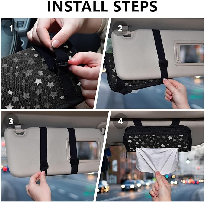 Car Tissue Holder Car Napkin Holder Car Tissue Box Dispenser Storage Case Sun Visor Mask Holder with Adjustable Straps Reusable Refillable Cute Silver and Gray Stars