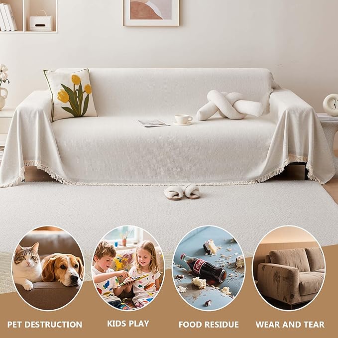 Chenille Couch Cover for 3 Cushion Sofa Pet Friendly Furniture Covers, Boho Sofa Covers Washable L Shape 3 Seater Couch Cover, 71"x 134", Beige