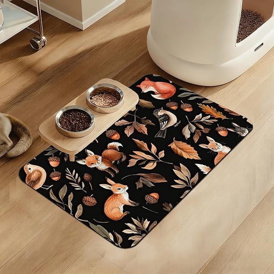 Wild Forest Animals Pet Feeding Mat–Christmas Stocking Quick Dry Absorbent Dog Cat Food Mat, Non Slip Waterproof Bowl Placemat for Messy Eaters, Pet Accessories for Floors 12"x20"