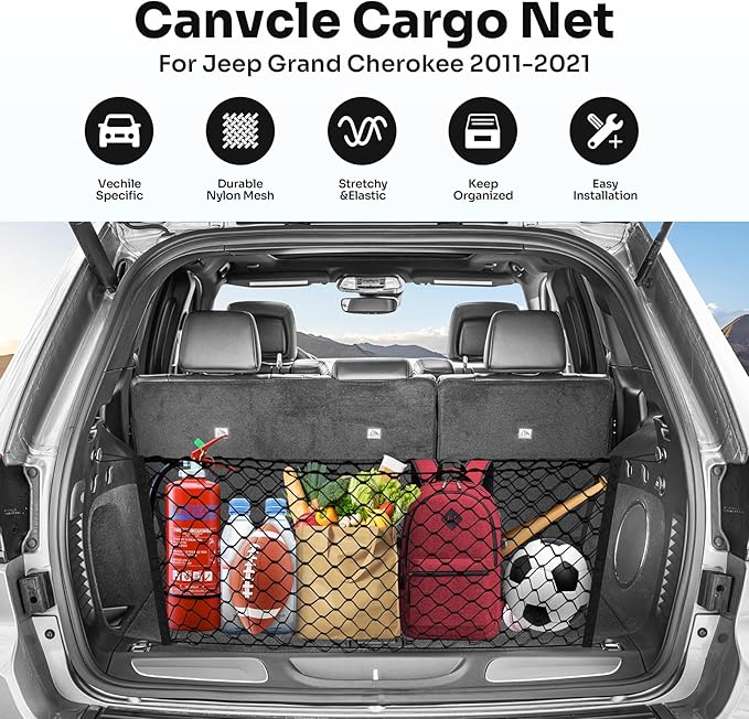 Trunk Cargo Net for 2011-2021 Jeep Grand Cherokee Accessories Envelope Style Mesh Trunk Net Organizer and Storage Stretchable Adjustable Elastic Nylon Rear Cargo Netting with Hooks