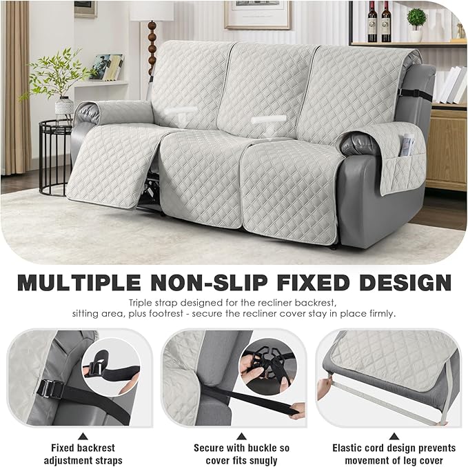 TAOCOCO 100% Waterproof Recliner Couch Covers, Recliner Sofa Covers with Leg Straps, 1-Piece Washable Reclining Sofa Cover with Pocket Couch Protector for Pets Kids(3 Seater, Off White)