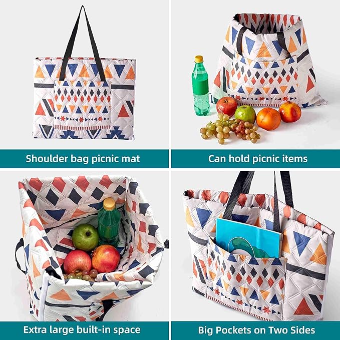 Outdoor Packable Picnic Blanket with Zipper Folds into Tote Bag with Large Storage and Shoulder Strap, Waterproof Sandproof for Lawn Beach Hiking Camping (colorful1, Small)