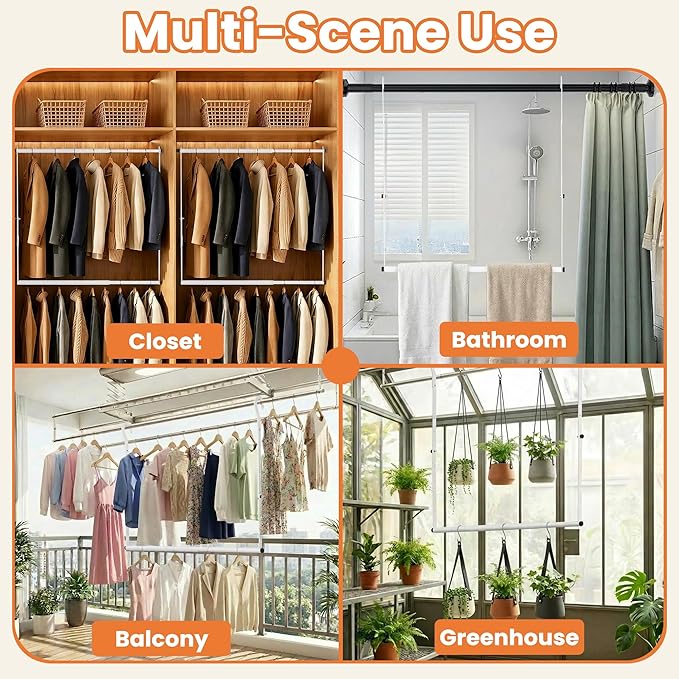 2 Pack Stepless Extender Closet Hanging Rod - Heavy Duty Closet Rods for Hanging Clothes, Adjustable Width & Height, Space-Saving White Closet Organizer for Hanging & Drying, Easy to Install