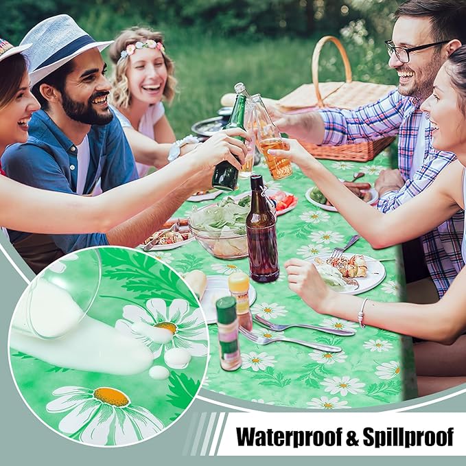 misaya Rectangle Waterproof Vinyl Table Cloth, Wipeable Tablecloth with Flannel Backing, Plastic Table Cover for Dinner, Picnic, Indoor and Outdoor (Green Daisy, 60" x 102")