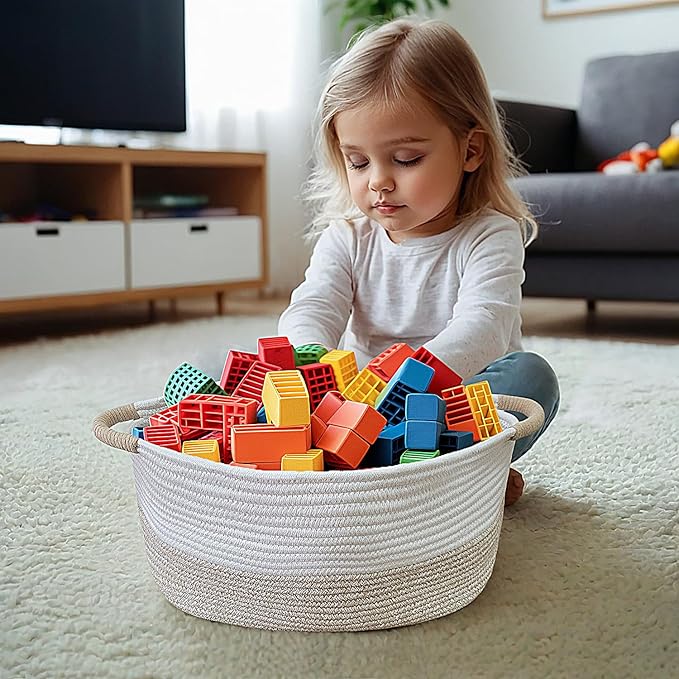 Medium Rope Basket with Handles, Medium Bohe Storage Basket, 17 "L x 12.5" W x 8.5 "H, Home Decor Organizer for Towels,toys, Books & Magazines
