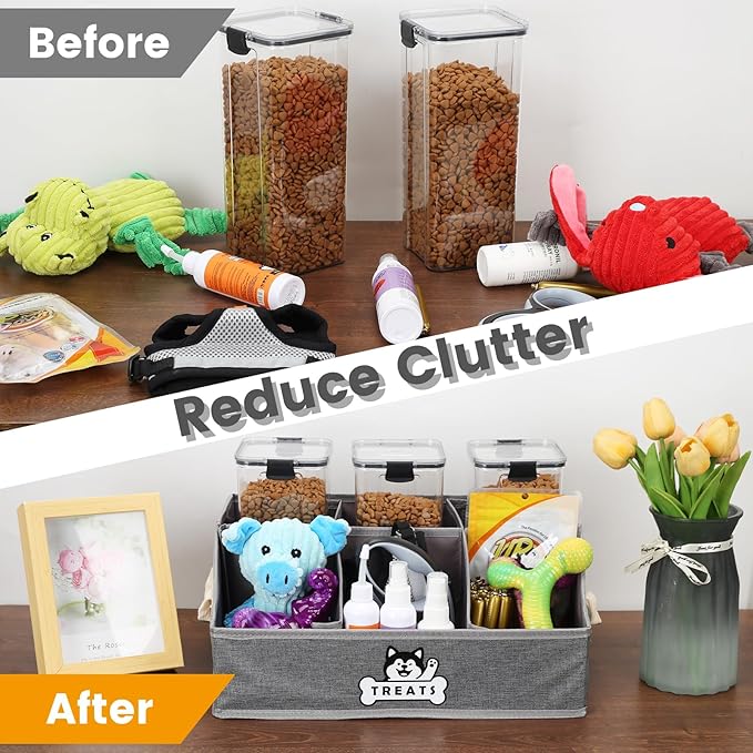 Dog Treat Container Basket for Countertop, Foldable Pet Toy Box for Living Room Area with Handles, Dog Storage Organizer with Removable Dividers for Treat Container, Leashes, Canned food, Pet Supplies
