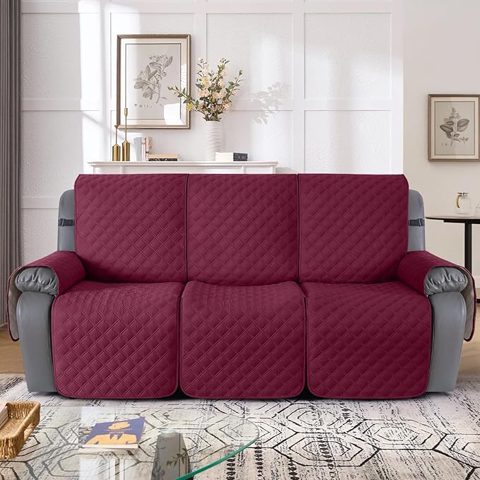 TAOCOCO 100% Waterproof Recliner Couch Covers, Recliner Sofa Covers with Leg Straps, 1-Piece Washable Reclining Sofa Cover with Pocket Couch Protector for Pets Kids(3 Seater, Wine)