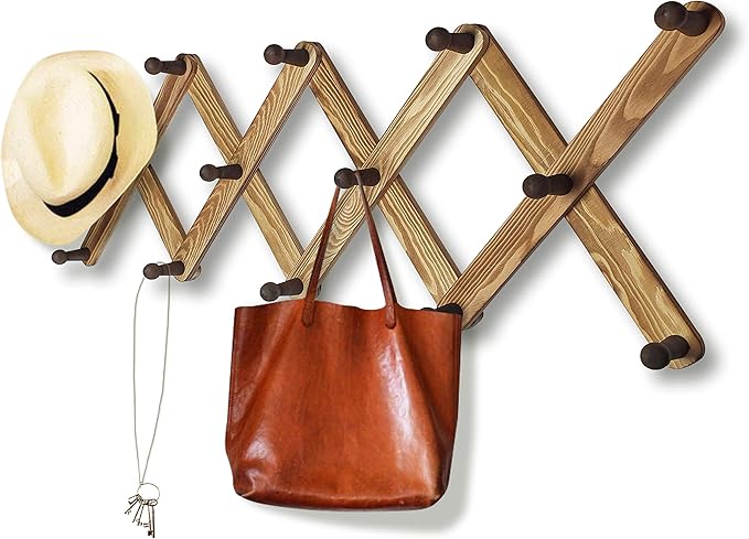 Expandable Wooden Coat Rack Hanger - Accordion Wall Hanger with Expanding Wall Pegs | Hand Made Vintage Wooden Hat Rack for Wall | Hang Coat, Jacket, Hat | Wall Rack – 14 Hook, Torched Wood