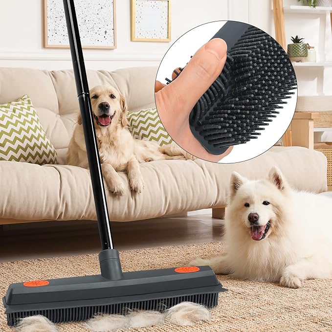 MAVRIZ Rubber Broom Carpet Rake for Pet Hair Removal - Fur Remover Broom with Squeegee for Carpet, Hardwood Floor, Tile