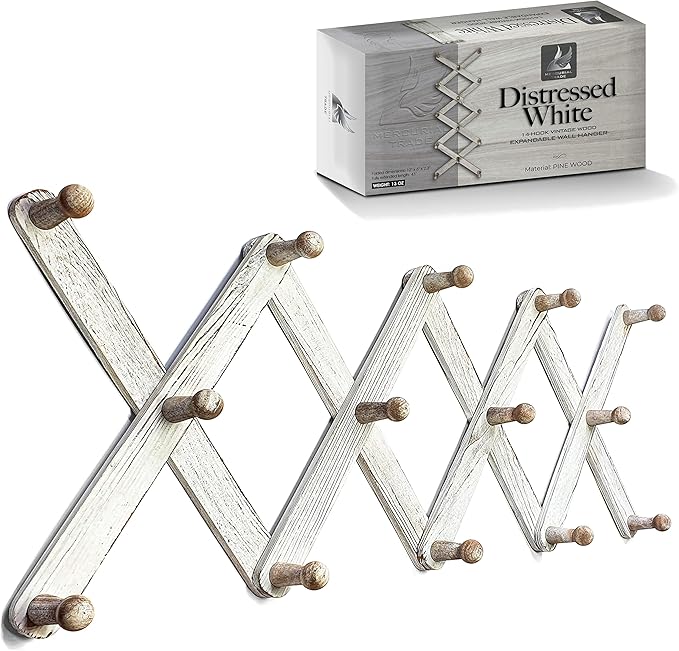 Mercurial Trade Expandable Wooden Coat Rack Hanger – Accordion Wall Mounted Pine Wood Hooks – Hand Made Vintage Expending Pegs – Hang Coat, Jacket, Hat, Leash, Towel, Mug, Bag – Distressed White