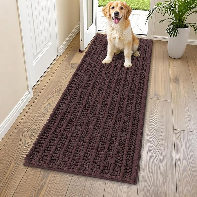 Smiry Dog Door Mat for Muddy Paws 59x24, Extra Soft Absorbent Chenille Doormat, Trap Moisture and Dirt, Non-Slip Machine Washable Front Door Mat for Indoor Entrance Inside Floor, Brown