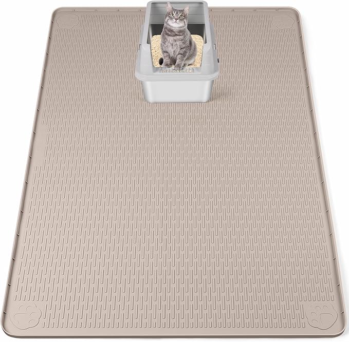 Bartuke Cat Litter Mat, XXL Extra Large 50" x 35" Silicone Mat Litter Trapping Mat for Scatter Control, Soft on Kitty Paws, Easy to Clean (Khaki)