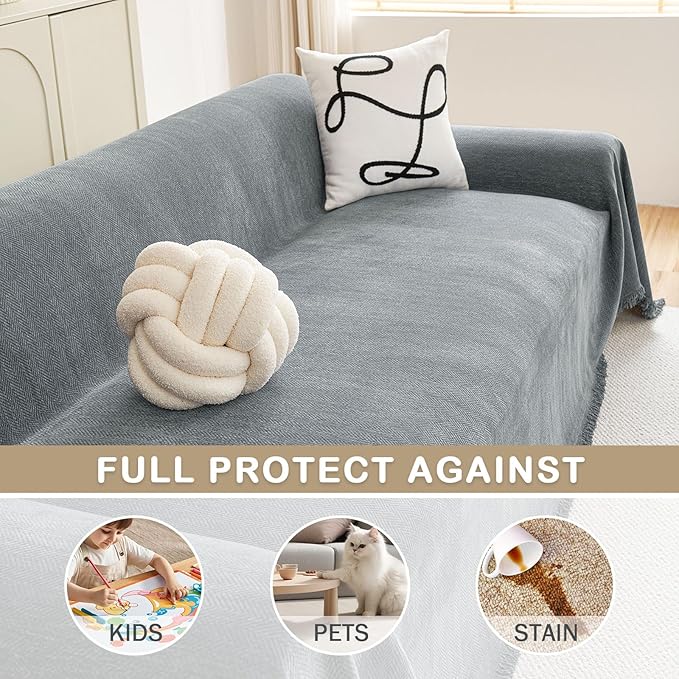 hyha Couch Cover for Dogs, Boho Sofa Covers for 3 Cushion Couch Washable, Chenille Sofa Slipcover for Pets, Soft Loveseat Sectional Couch Throw Blankets with Tassels (Grey, 71x150 Inch)