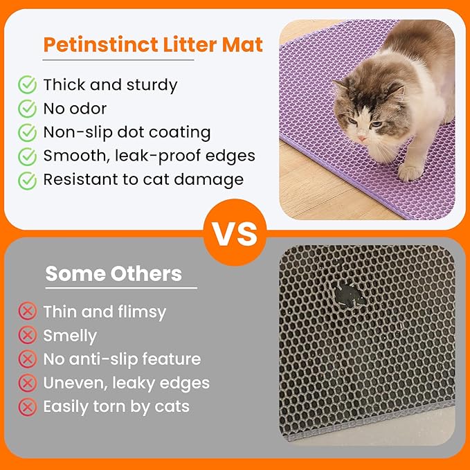 Petinstinct Small Cat Litter Mat, 20x14’’ Double Layer Honeycomb Cat Litter Box Mat, Non Slip Waterproof Urine Proof Litter Trapping Mat for Floor, Kitty Litter Pad, Indoor Pet Supplies, Purple