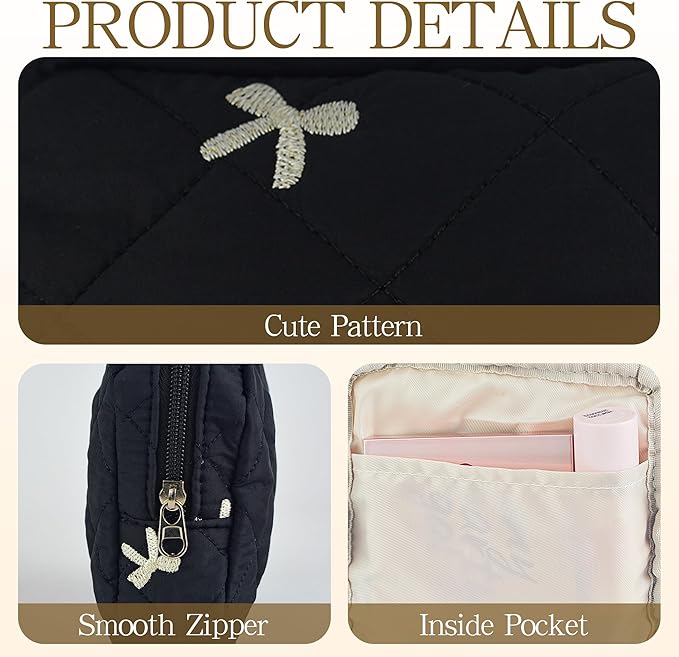 Small Floral Quilted Makeup Bag, Coquette Aesthetic Travel Toiletry Organizer for Women, Lightweight Cotton Cosmetic Pouch