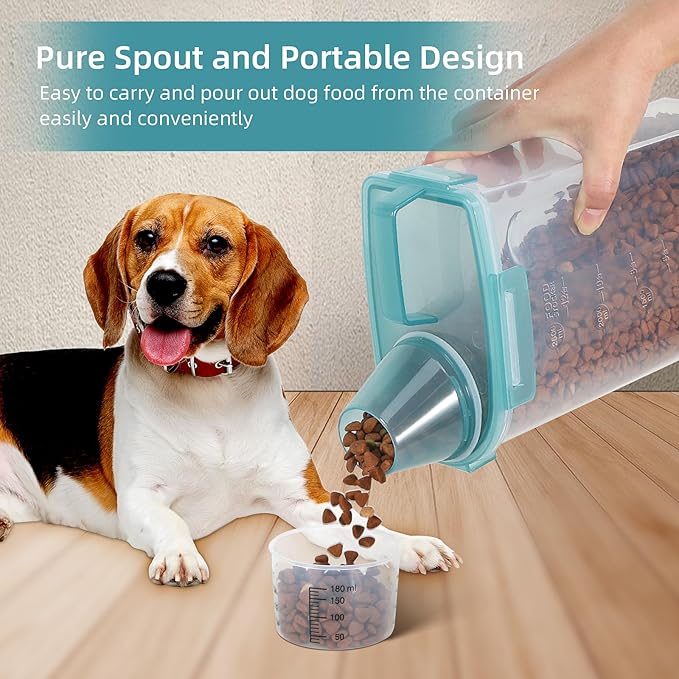 LEAWALK 3-5Lbs Airtight Small Cat Dog Pet Food Storage Containers BPA Free, with Large Pour Spout/1 Measuring Cup/ 4 Safety Locks and Double-layer Silicone Strip (Clear Blue 2Pack)