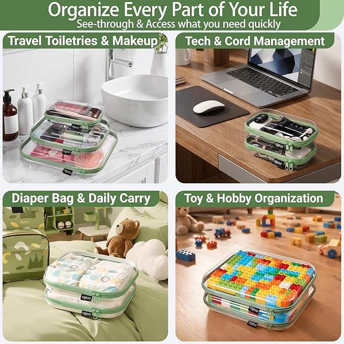 YQBRAO 4-Pack Clear Diaper Bag Organizer Pouches, 1.2mm Ultra-Thick PET Travel Pouches for Toiletries & Makeup, Rigid Self-Standing Bags with YKK Zippers, TSA Approved (Green)