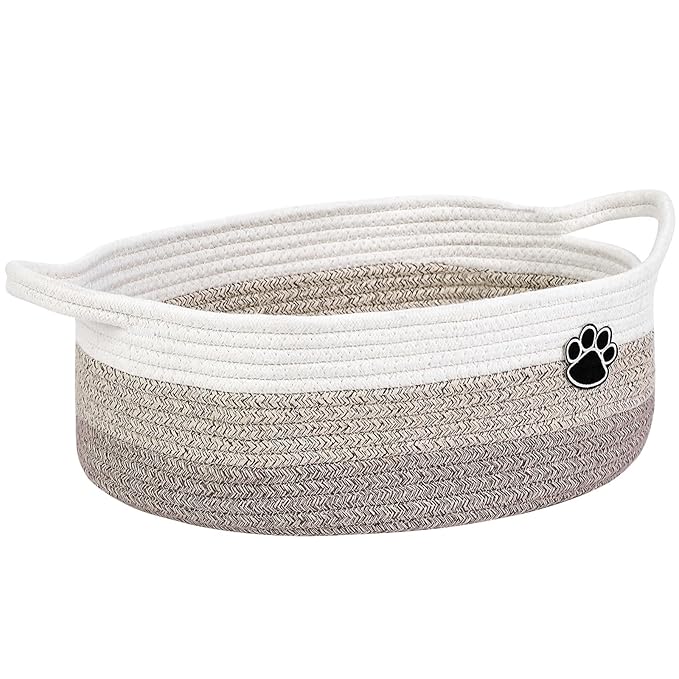 Dog Toy Easter Basket, Toy Box and Bin for Dog Cat Storage, 13.5" X 11" X 5" Small Woven Rope Basket for Baby Storage, Closet, Living Room, White & Brown