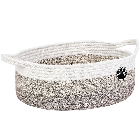 Dog Toy Easter Basket, Toy Box and Bin for Dog Cat Storage, 13.5" X 11" X 5" Small Woven Rope Basket for Baby Storage, Closet, Living Room, White & Brown