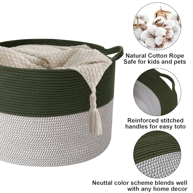 65L Extra Large Woven Cotton Rope Blanket Basket with Handles, Laundry Hamper Storage Bin for Pillows, Comforters,Clothes, Toys, Nursery, Bedroom and Living Room Organization,Green&White