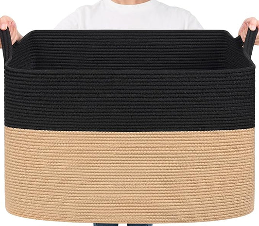 Goodpick 105L Extra Large Woven Blanket Basket Cotton Rope Storage Baskets for Organizing, Kids Toy Storage Organizer for Living Room Nursery, 25"x16"x16", Black & Jute