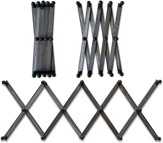 Mercurial Trade Expandable Wooden Coat Rack Hanger - Large Accordion Hanger with Expanding Pegs | Hand Made Rustic Wooden Hat Rack for Wall | Hang Coat, Jacket, Hat – 14 Hook, Distressed Black