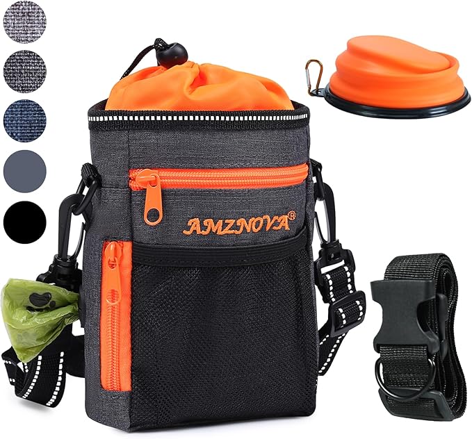 AMZNOVA Dog Treat Bag Treatkit Dog Treat Pouch, Waist Clip On Crossbody Fanny Pack for Pet, Training Pouch with Shoulder Strap & Waist Belt for Walking & Training, 6Cups, Heather Black