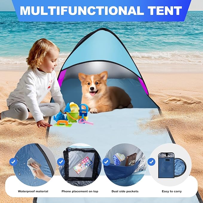 Mini Beach Tent for Dog Pet Shade Pop Up Portable Mini Head Sun Shelters Canopy for Camping Outdoor Hiking Picnic Windproof Waterproof with Tent Nails Phone Stand for Puppy Cat Small Animals(blue red)