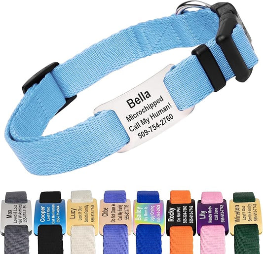 GoTags Personalized Dog Collar with Nameplate, Adjustable Dog Collar with Custom Engraved Slide On Pet ID Tag in Stainless Steel, Silent, No Noise Dog Tag (Light Blue, Medium)