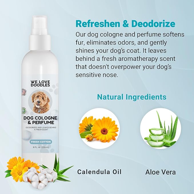 Dog Cologne & Perfume, Deodorizing, Organic, Made In USA, Long Lasting After Bath, Deodorant For Smelly Dogs, Pawfume For Pets, Odor Eliminator Spray Puppies, Fresh Cotton [We Love Doodles]
