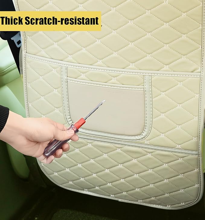Leatherette Car Seat Protector - 2 Pack Large Car Kick Mats with Storage Pockets Organizer Seat Back Cover Against Dirty Shoes & Scratches, Universal Fit for Most Vehicles, Beige